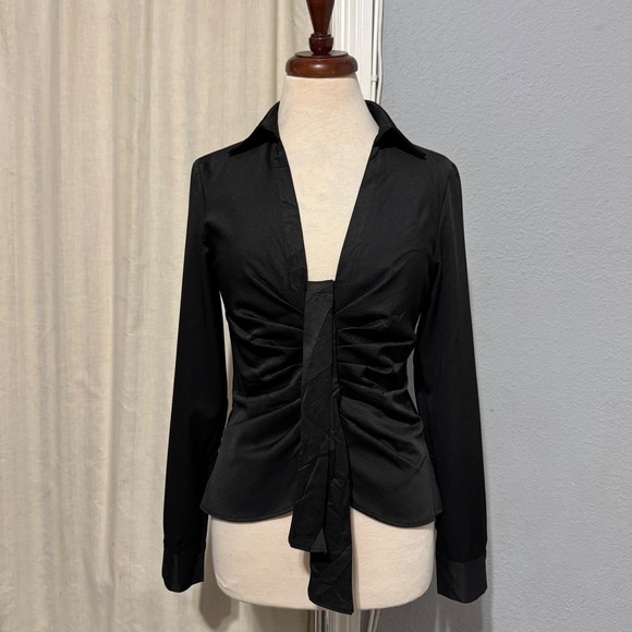 idem ditto Tops - Idem Ditto Black Ruched Front Long Sleeve Collared Button Down Gothic Shirt M